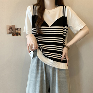 plus size Women's 2025 Summer New Fat Sister Korean Knitted Fake Two-piece Short-sleeved Fat Short Striped Top