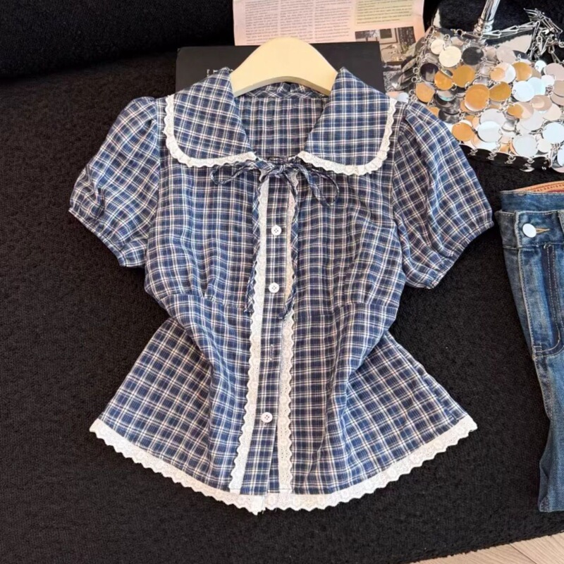 French-Style Sweet Lace Trim Doll Collar Plaid Shirt for Women, Summer 2026 New Stylish Short-Sleeve Blouse