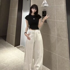 棉秋季高腰宽松弯刀裤女百搭显瘦直筒裤其他假二件套无袖