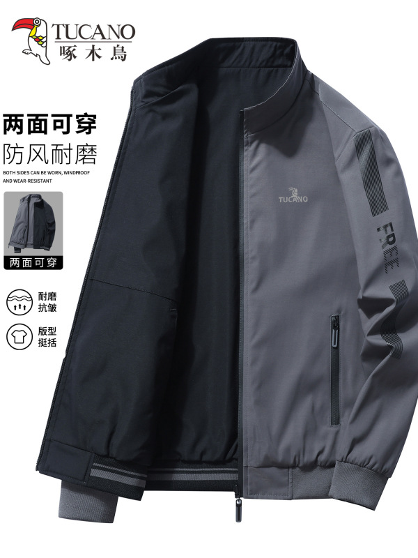 啄木鸟双面穿外套秋冬季男士宽松款立领加棉中青年商务行政夹克衫|undefined