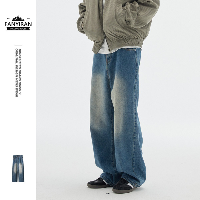 Ouswe American Retro Washed Distressed Blue Jeans Men's Autum Straight Cargo Wide-Leg Pants Rk84 Ouswe American Retro Washed Distressed Blue Jeans Men's Autum Straight Cargo Wide-Leg Pants Rk84