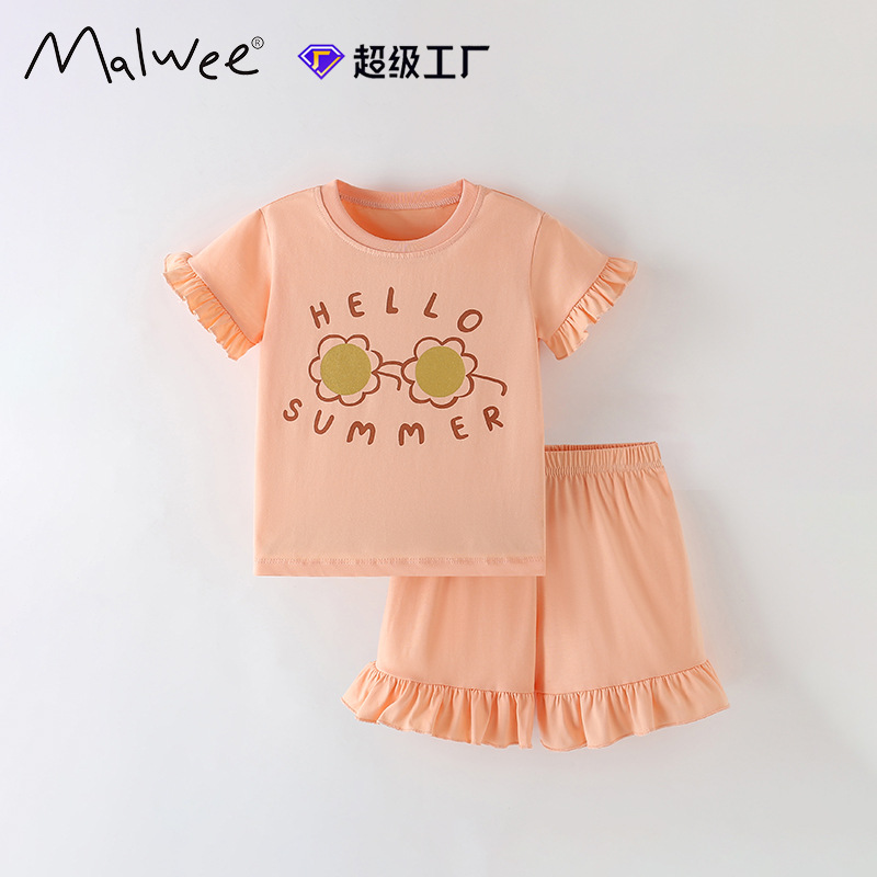 Traje de niña malwee transfronterizo verano nuevo estilo europeo y americano, camiseta de cuello redondo para niños pequeños y medianos, traje de dos piezas de manga corta para niños