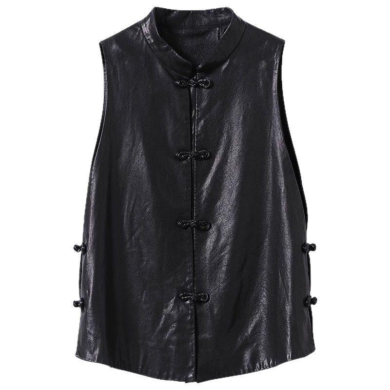 Áo khoác vest da nữ kiểu ngắn dáng gile cài khuy, mặc ngoài mùa thu — Màu đen [chất lượng cao]