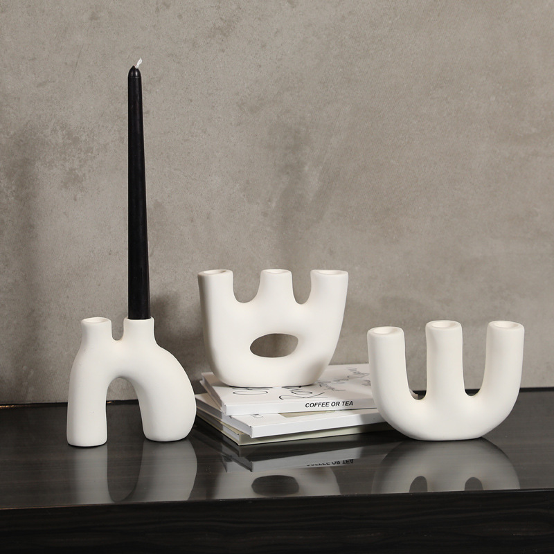 Nordic ins white geometric ceramic candle holder crafts ornaments living room dining table candle holder home soft decorations