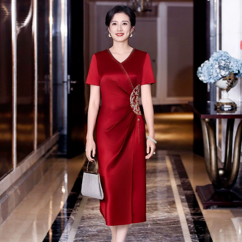 Свадебный банкет, улучшенное элегантное платье Cheongsam для мамы с v-образным вырезом, женское летнее утягивающее платье для свадебного банкета, тостовое платье