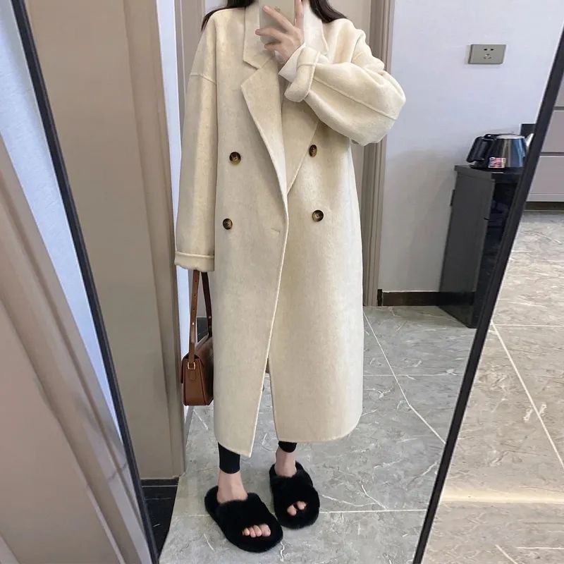 Korean Style Casual Lapel Coat 2024 Double-Breasted Cocoon-Shaped Solid Color Thin Velvet Coat for Women Versatile Woolen Outerwear
