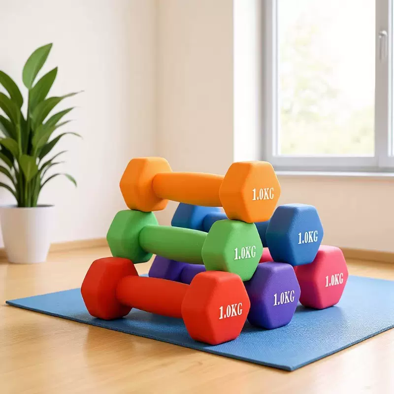 浸塑磨砂哑铃女士实心铸铁六角彩色哑铃 家用健身房瑜伽塑身哑铃