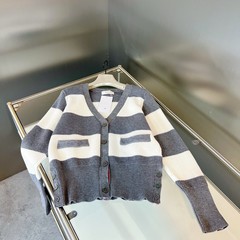 25秋冬设计感TB高克重毛衣外套灰色宽松百搭慵懒学院风条纹开衫