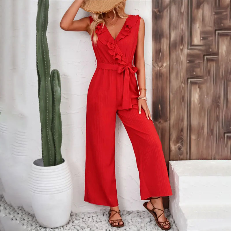 Women Jacquard Striped Ruffled Wide Leg Pants Women Belt Straight Sleeveless Casual Pants Women Jumpsuit