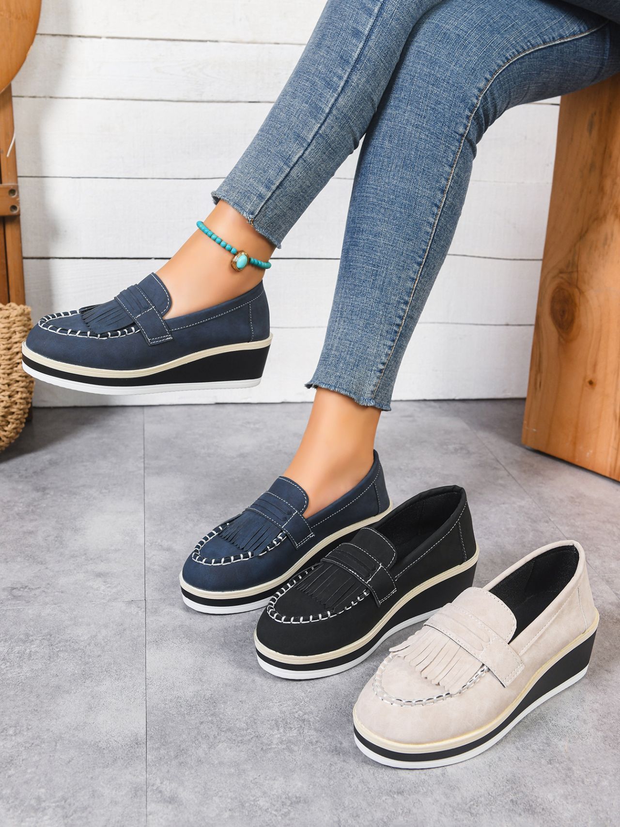 Damen-Slipper mit niedrigem Schaft, Quasten, britischem Stil, dicker Sohle, Keilabsatz und Federung_voghion.com