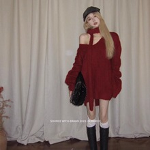 2025新款红色战袍送围巾v领毛衣女秋冬季慵懒风中长款针织衫穿搭