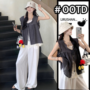 In Stock 2025 Summer Lace-Up Fake Two-Piece Shirt Korean Top + Belly-Supporting Wide-Leg Pants Maternity Suit
