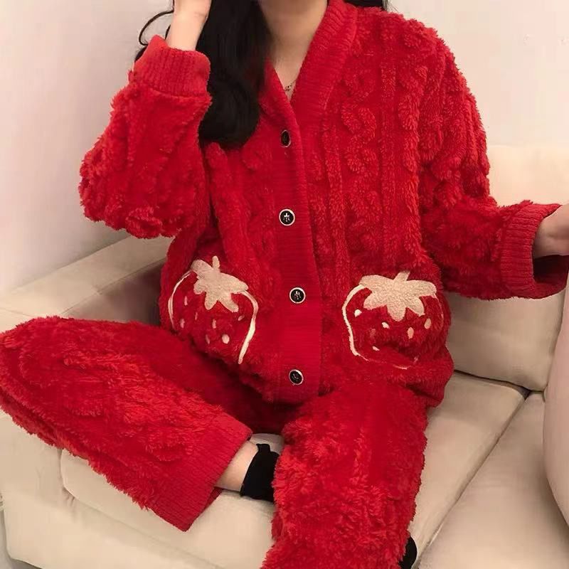 红色睡衣女2023年新款冬秋季套装加绒加厚ins感可外穿家居服套装