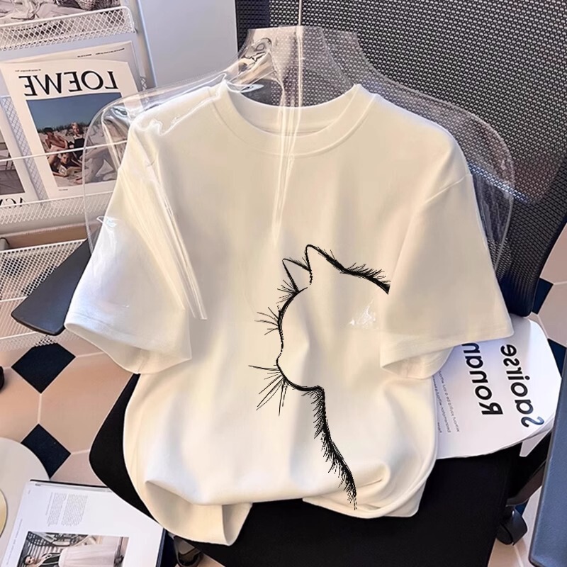 Cat-Themed Short-Sleeve White T-Shirt for Women, 2026 Summer New Stylish Loose Fit Drop Shoulder Pure Cotton Half-Sleeve Top