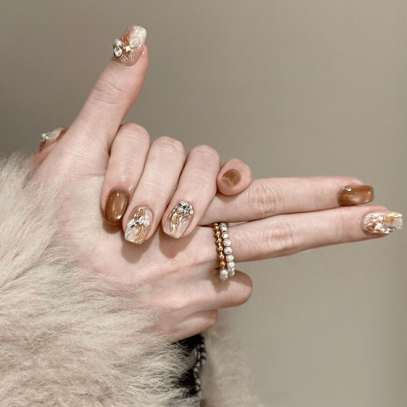 Champagne Cat Eye Maillard Purely Handmade Wearable Nails Old Money Style Amber Smudged Short Manicure Patch Fake Nails