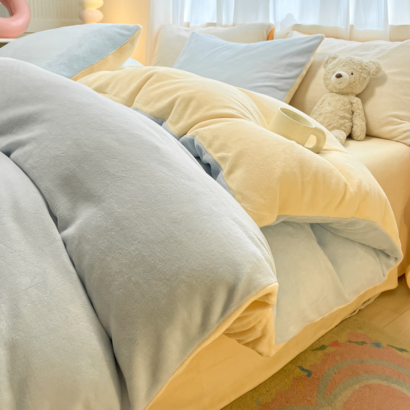 Color sólido otoño invierno leche de lana de cuatro piezas de lana de coral cama de lana de tres piezas de lana de invierno más grueso nuevo estilo de franela