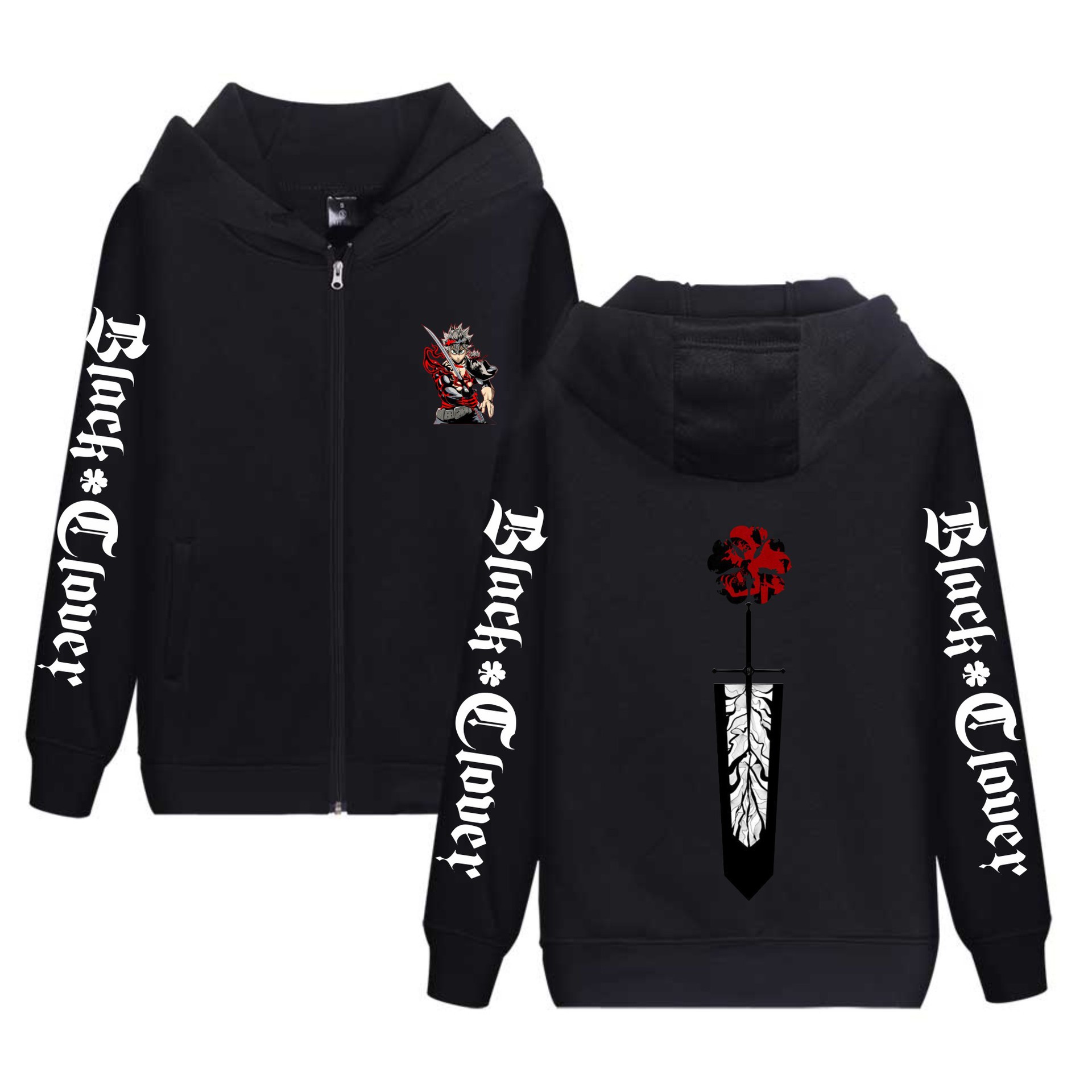 Trébol de cuatro hojas negro nuevo estilo transfronterizo Black Clover más sudadera con capucha de terciopelo con cremallera suéter de pareja