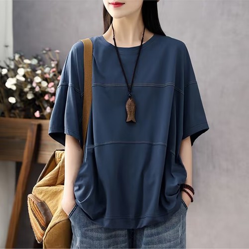 Women's Spring and Summer Striped Collarless T-Shirt Top Loose Casual Retro Slimming Large Size T-Shirt
