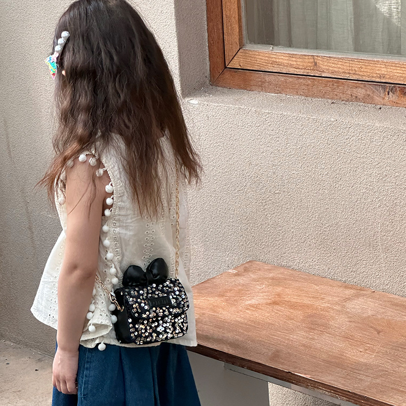 Estilo occidental princesa bolso de hombro lindo lazo color sólido mini bolso de cadena de bebé nuevo bolso de moda con lentejuelas para niños