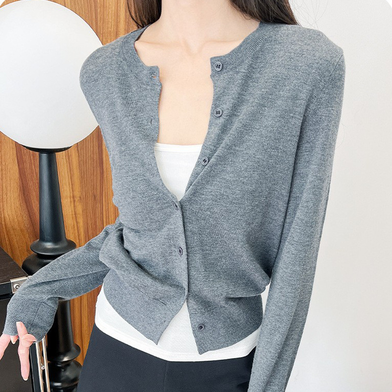 Special Offer Silk Wool Long-Sleeve Cardigan Women's Base Layer Top Round Neck Ribbed Fashion Versatile Soft Comfortable Jacket