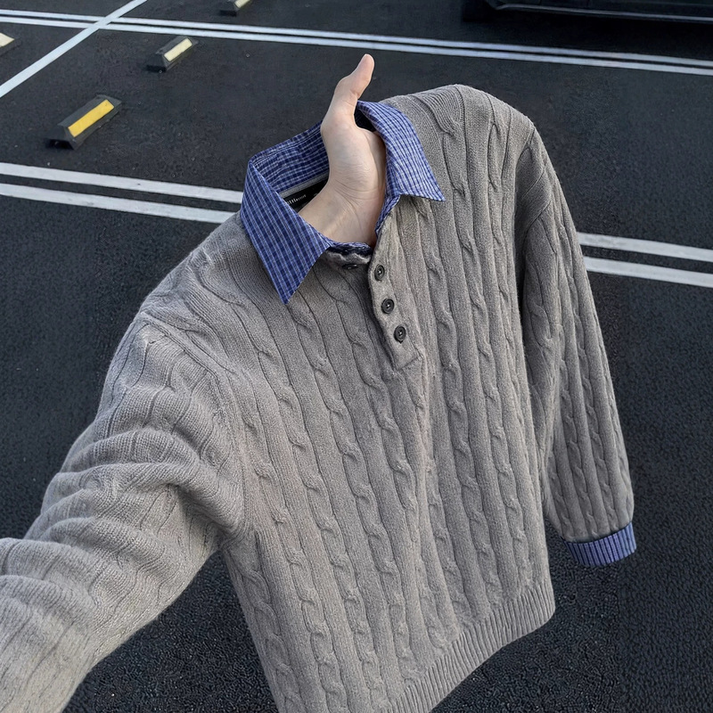 Gray faux two-piece cable-knit sweater for men, autumn American retro plaid turn-down collar knitted polo shirt, inner layer top Gray faux two-piece cable-knit sweater for men, autumn American retro plaid turn-down collar knitted polo shirt, inner layer top