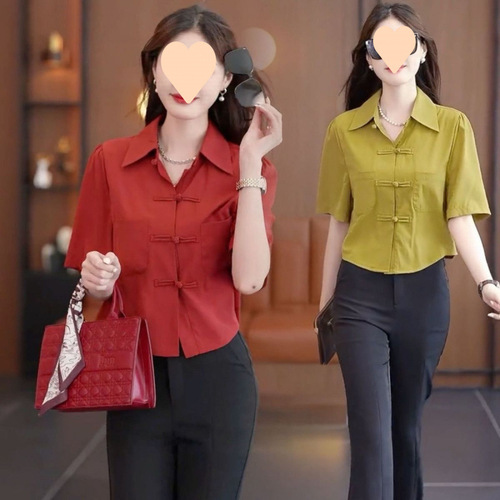 Women's Summer 2025 Retro Chiffon Shirt with National Style Buttoned Collar, Bubble Sleeve Short Top, Plain Color European Style