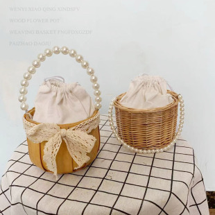 Pearl Hand-held Willow Woven Basket Wooden Pieces Round Small Flower Basket Happy Shop Hand-held Gift Small Basket Flower-arranging Basket
