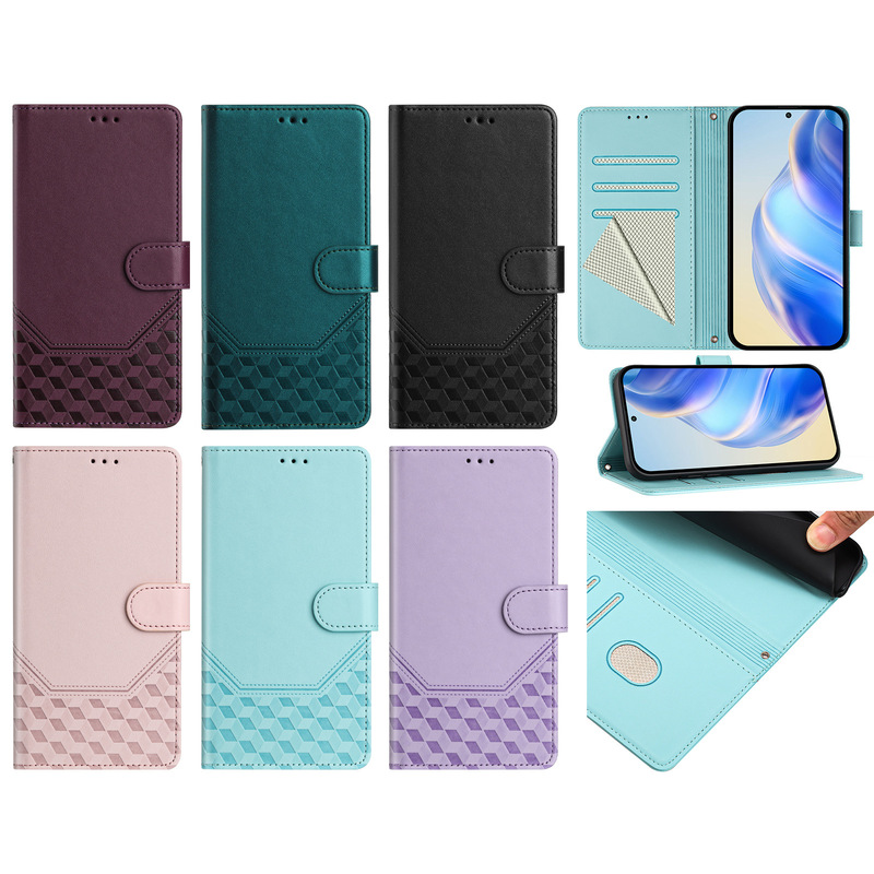 Foreign Trade Suitable Iphone17 Honeycomb Embossed Wallet Card Holder Leather Case Samsung S25U Stylish Anti-Theft Swipe-Proof Phone Case