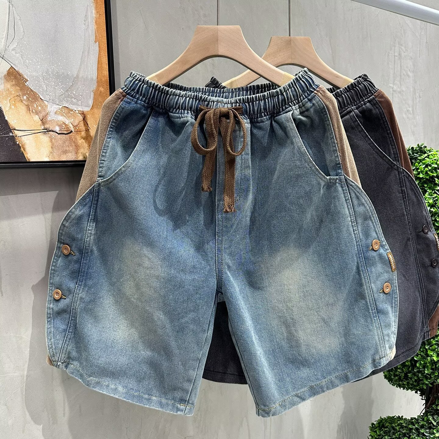 Men's Retro Distressed Denim Shorts Summer Casual Loose Fit Color Block Five Point Drawstring Elastic Waist Plus Size Mid-Length_mkmklike.com