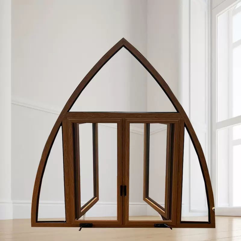 门窗工厂直销断桥60弧形外框木纹色美式手摇平开窗磁吸纱窗隔音窗