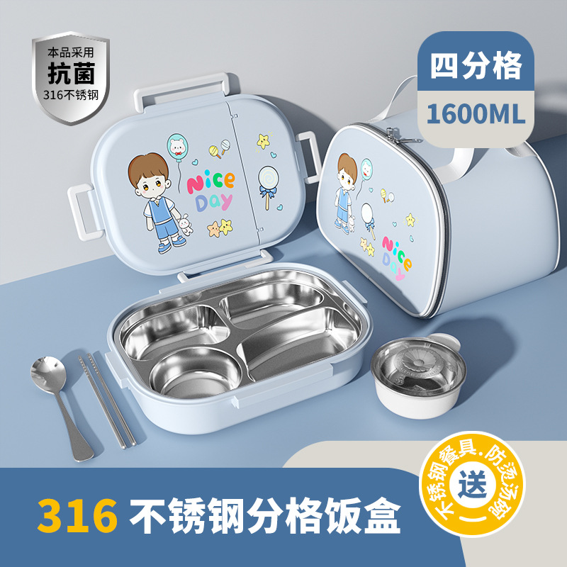 Lunch box can be put into microwave oven 316 stainless steel lunch box insulation cartoon boy student lunch box chopsticks spoon bag multi-grid meal