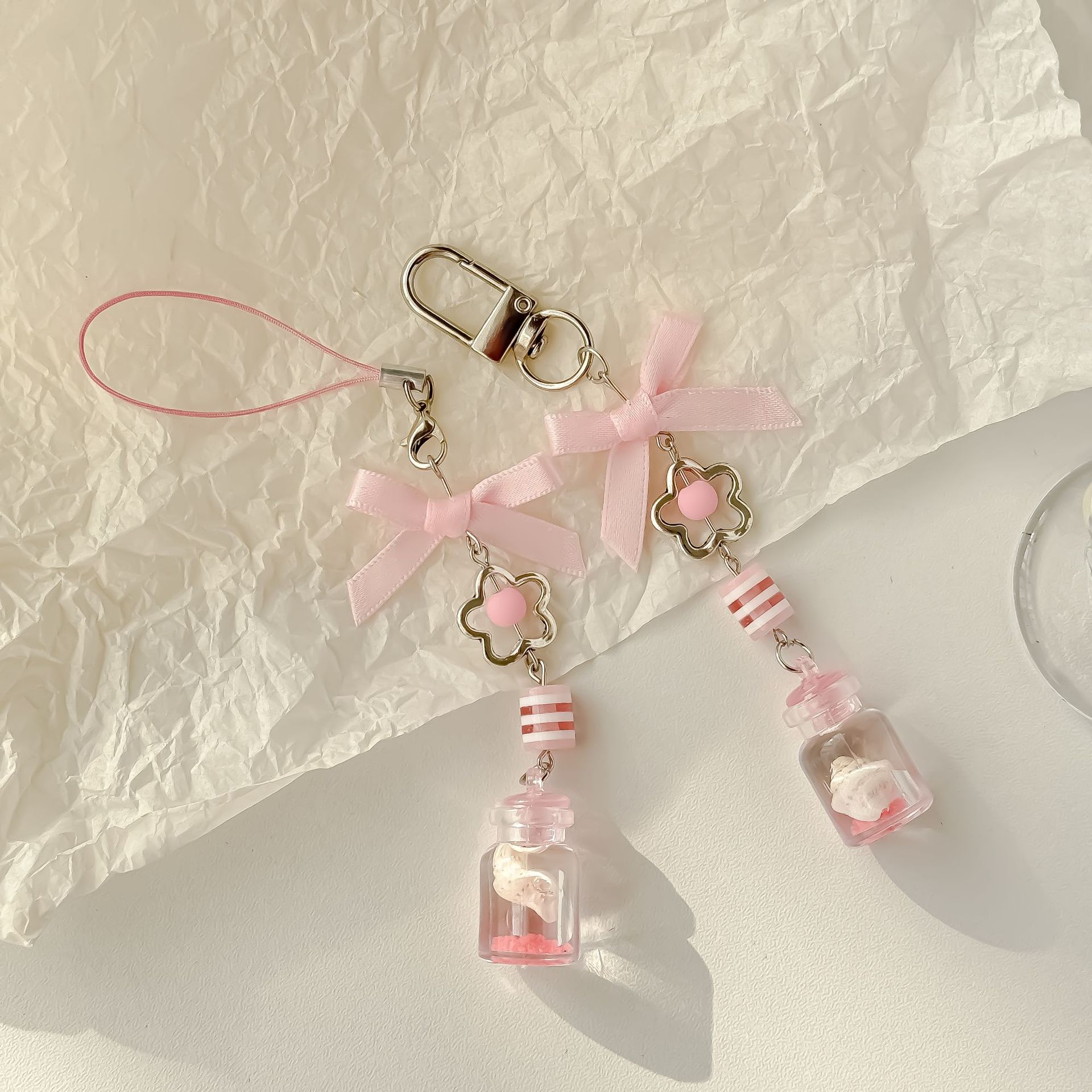 Nocturno conchas botella de deseo colgante para teléfonos móviles color rosa bolsas de arco lindas colgando libros de tarjetas colgantes llaves de cadena