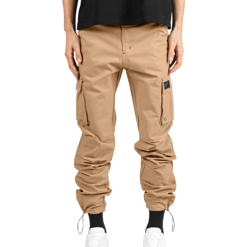 Herrenbekleidung Gewebte Stoffhose mit Kordelzug und mehreren Taschen, einfarbig, lässige Arbeitshose_voghion.com