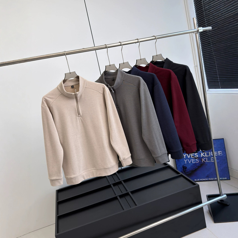 Urban Commute Ultra-Fine Plaid Thermal Warm Autumn/Winter Men's Half-Zip Stand Collar Versatile Casual Long-Sleeve Sweatshirt