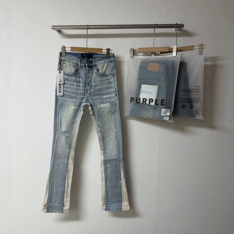 Foreign Trade Guangzhou Pupurpl3 Brad Light Blue Ripped Patchwork Splatter Paint Couple Style Washed Flared Jeans Foreign Trade Guangzhou Pupurpl3 Brad Light Blue Ripped Patchwork Splatter Paint Couple Style Washed Flared Jeans