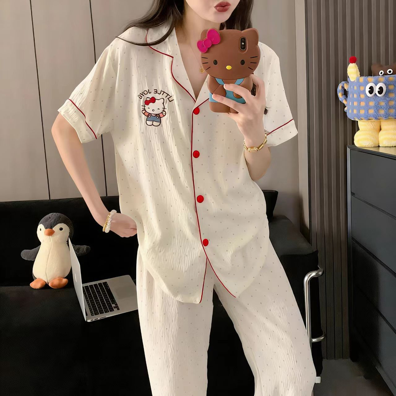 120G nubes de algodón pijama de mangas cortas pantalones largos set ropa para el hogar sudeste asiático TK transfronterizo pareja pijama de verano