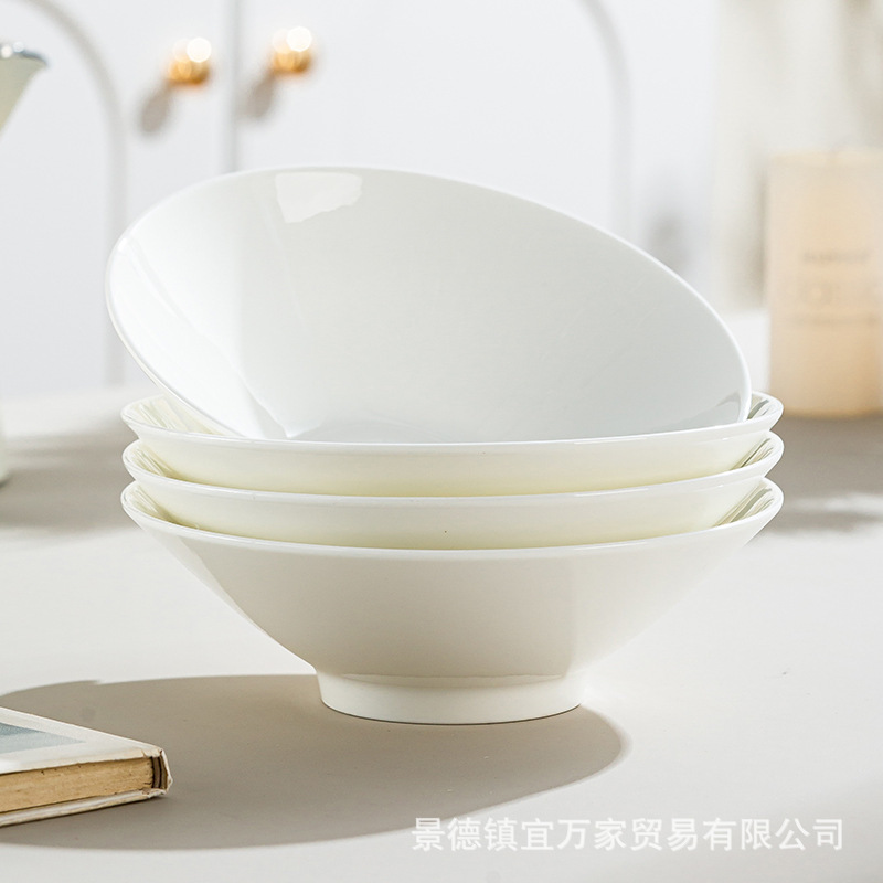 Factory Direct Sales Jingdezhen Pure White Lead-Free Genuine Bone China Chinese Style Conical Bowl Household Rice Bowl Large Noodle Bowl Vegetable Bowl
