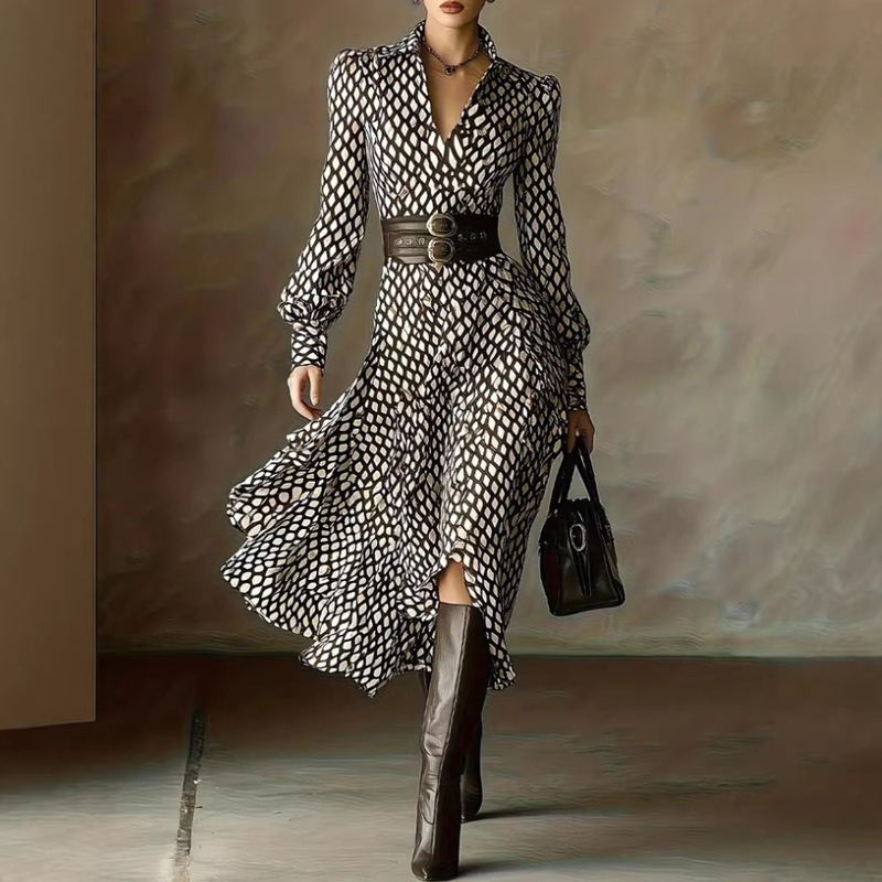 2026 European and American Cross-Border Shein Summer New Product V-Neck Printed Long Dress for Women, Elegant and Versatile Printed Waist-Cinching Dress