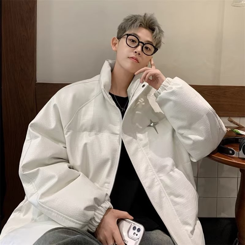 American-Style Trendy Pu Leather Cotton Jacket for Men, Winter Stand-Up Collar Cotton Coat, Loose-Fitting, Thickened, Warm Puffer Jacket