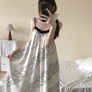 加工定制时尚性感V领吊带睡裙女夏季国风连衣裙新款居家睡裙长裙