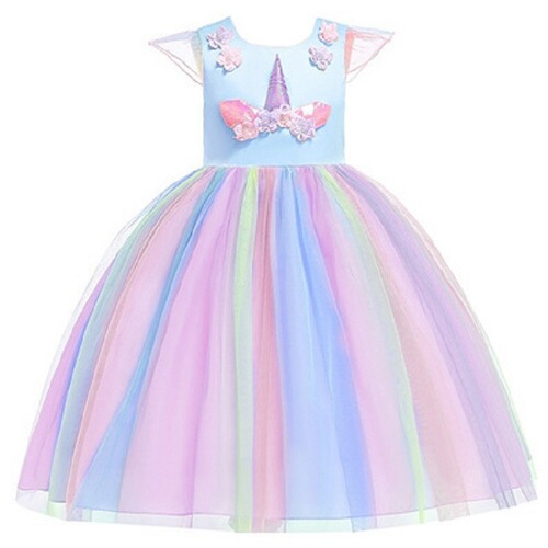 New Halloween Children's Clothing Christmas Girl Princess Dress Rainbow Netting Unicorn Dress Flower Girl Dress 