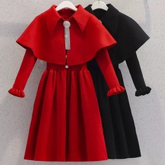 Girls' Autumn and Winter Shawl Dress, Children's Stylish Knitted Set Dress, Older Kids' Red Skirt, New Year Greeting Outfit, Base Layer Skirt