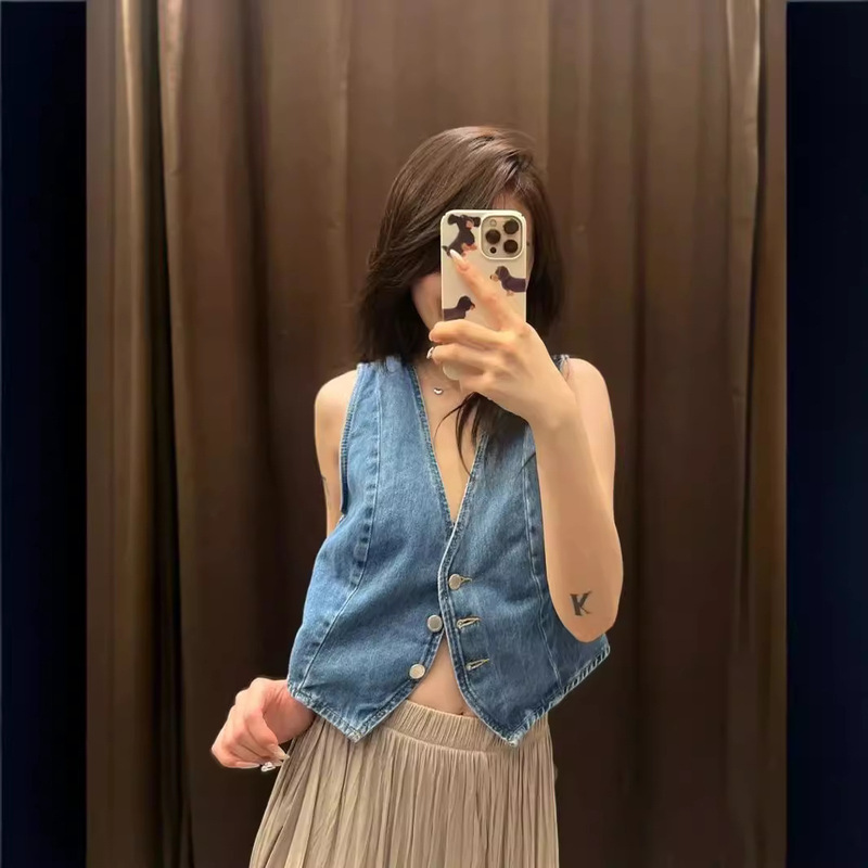 Foreign Trade Cross-border 2024 ZA Series 1975 Classic All-match Denim Short Vest Vest Top 8228033