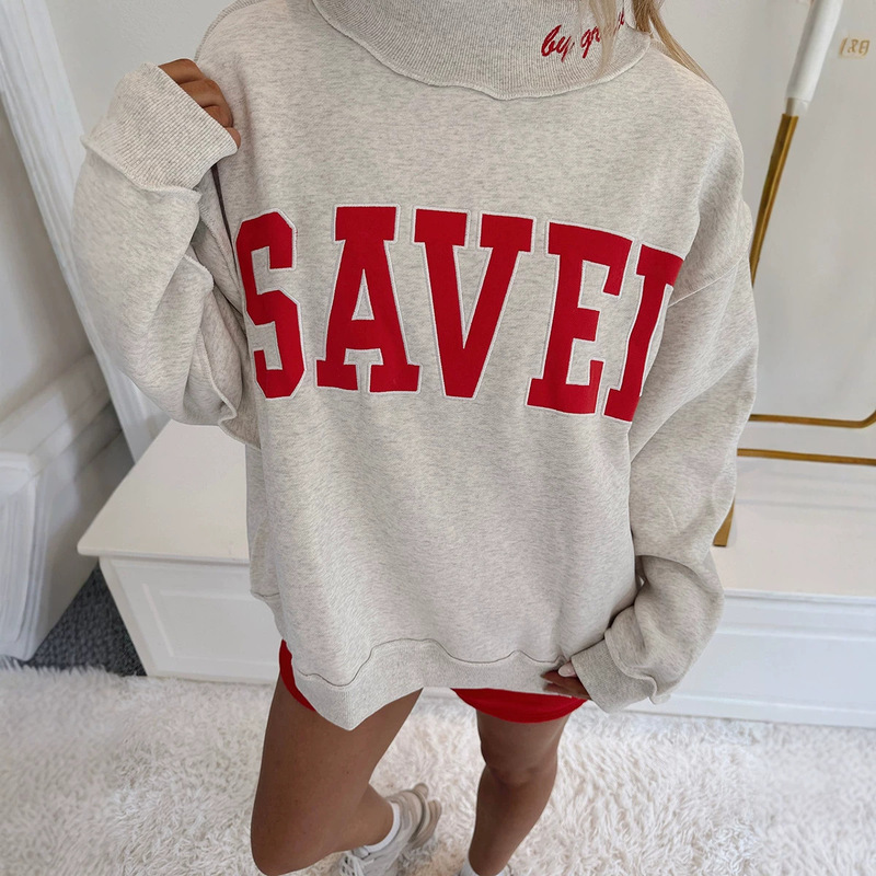 2026 Autumn New Pullover Half-Turtleneck Top for Women, European and American Fashion Trend, Letter Embroidery Loose Sweatshirt for Women