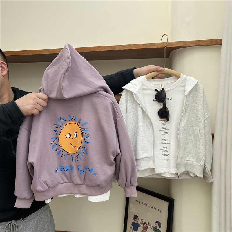 Ropa coreana de otoño 2024 para niños y niñas, sudadera con capucha y cremallera suelta con sol pequeño, chaqueta para niños_voghion.com