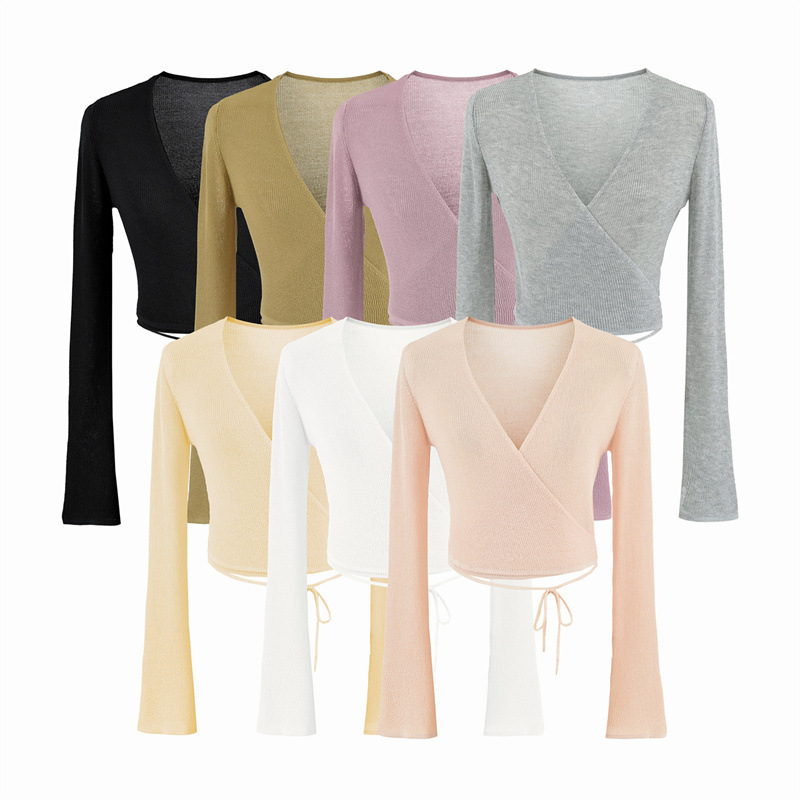 Atmospheric short lace-up semi-transparent knit top for women, autumn style, with a V-neck, waist-cinching, and elegant bell sleeves