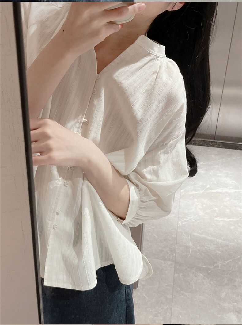 Áo sơ mi nữ tay bồng chất liệu cotton pha lanh kiểu Pháp — màu trắng