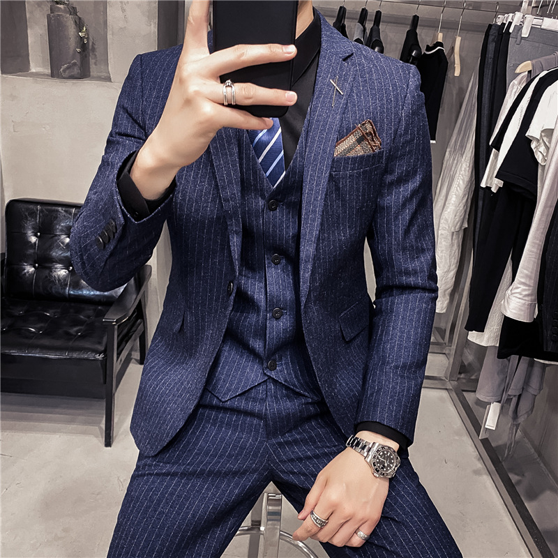 Foreign Trade Wholesale Men's Suit Business Casual Stripe One Button Suit Groom Banquet Dress Slim Three-piece Suit