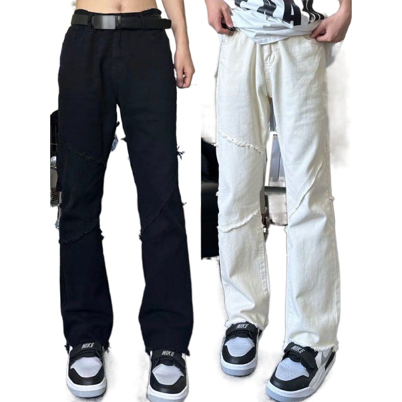 creamy-white Jeans Men's Autumn 2023 New Straight Slim American High Street White Micro Horn Pants