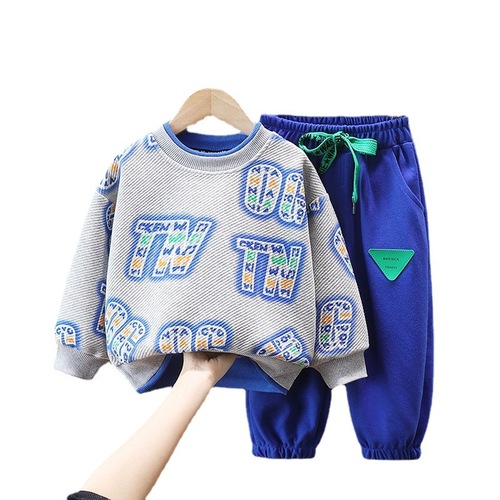 Spring and autumn boys' suits, autumn suits for older children, long-sleeved fake two-piece sweatshirts, casual pants, western-style sportswear two-piece sets